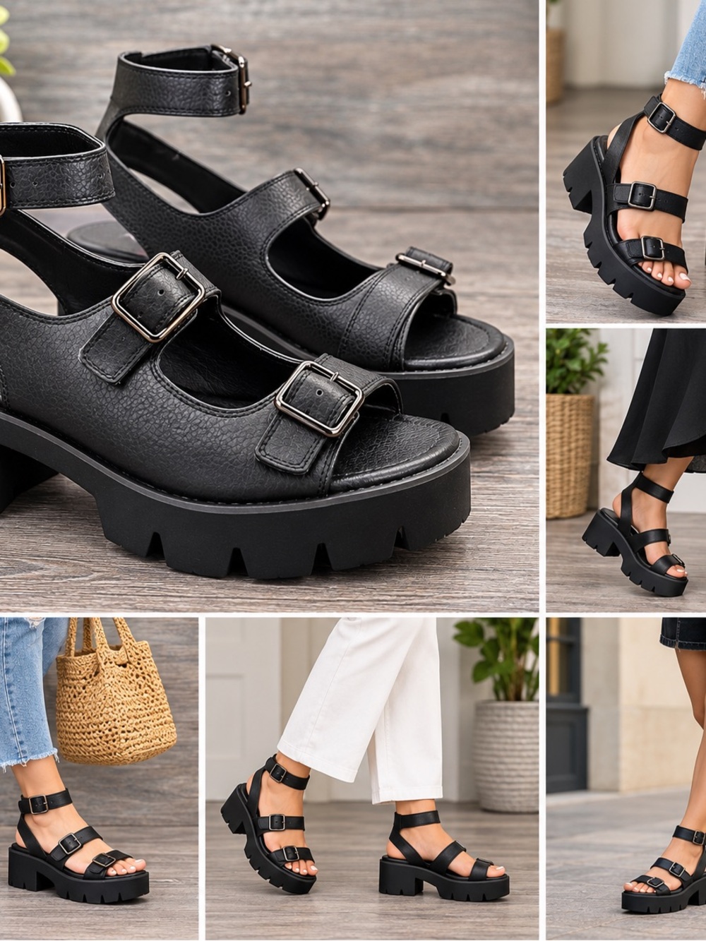 BC Born in California Women’s 9.5  Black Chunky Platform Buckle Sandals Lug Sole